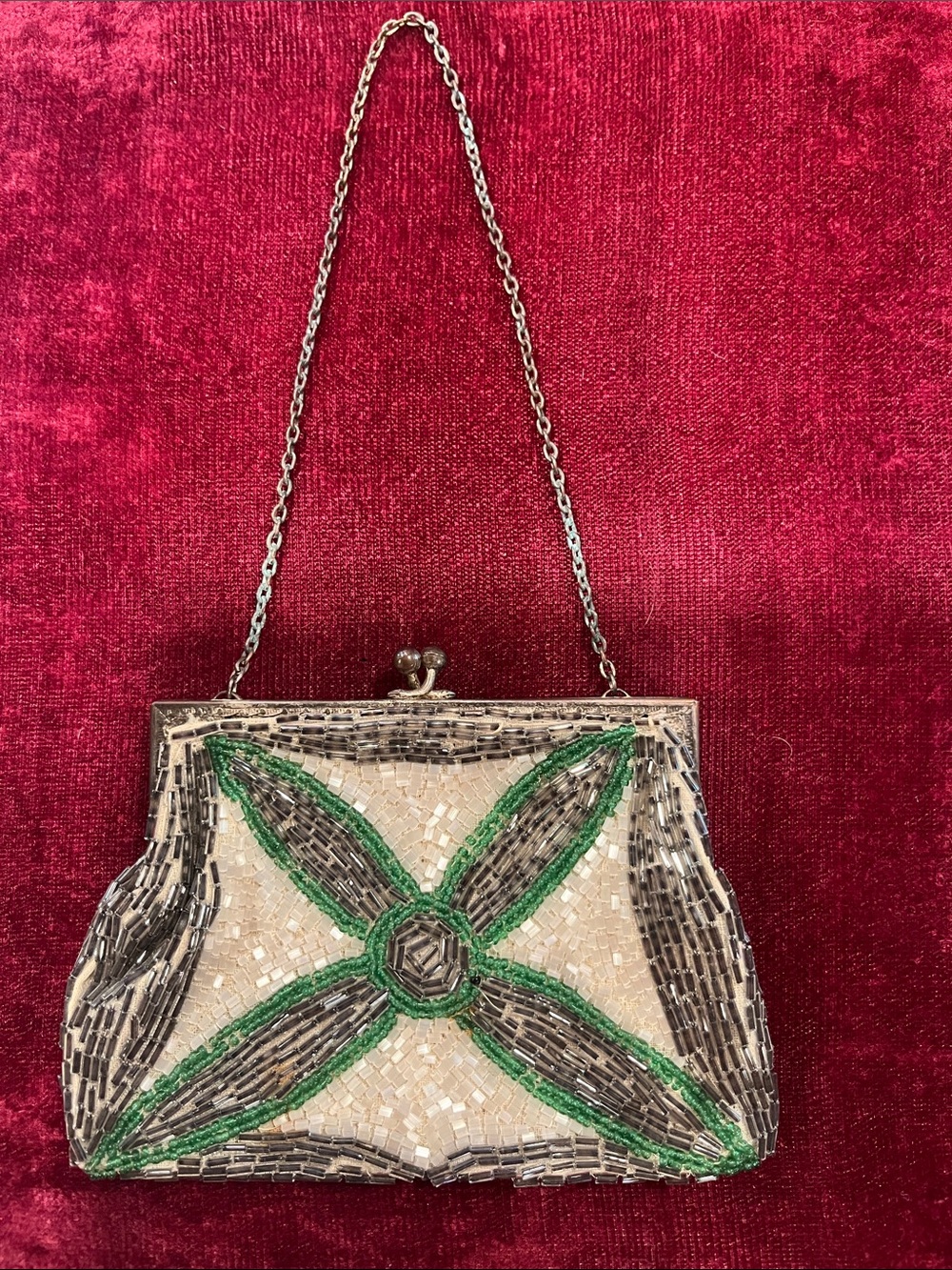 Vintage Beaded Green & Cream Evening Bag with Chain Handle - made in France
